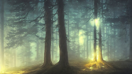 Magical Forest. Beautiful light falling through the trees. Cyberpunk style.の写真素材