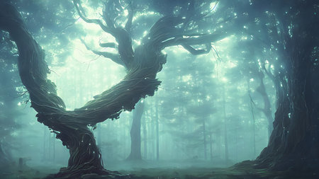 Magical Forest. Beautiful light falling through the trees. Cyberpunk style.