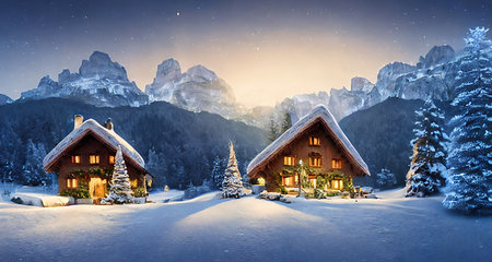 Snow-covered landscape with chalet houses, in the foothills of the Alps.の写真素材