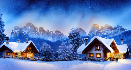 Snow-covered landscape with chalet houses, in the foothills of the Alps.の写真素材