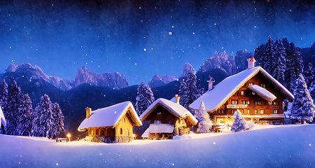 Snow-covered landscape with chalet houses, in the foothills of the Alps.