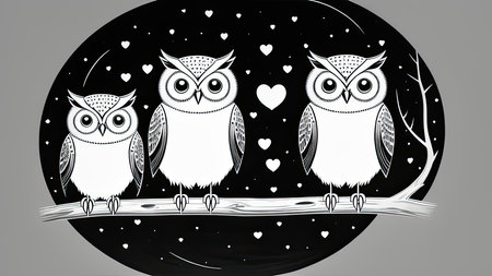Illustration of cute owls and heartsの写真素材
