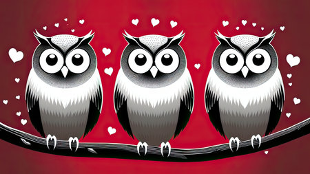 Illustration of cute owls and heartsの写真素材