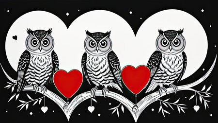 Illustration of cute owls and heartsの写真素材