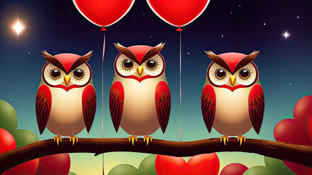 Illustration of cute owls and heartsの写真素材