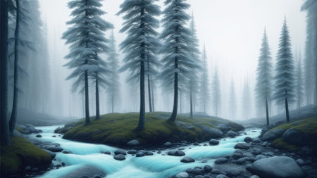 Beautiful winter landscape forest by the river, mountains in the backgroundの写真素材