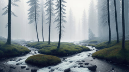 Beautiful winter landscape forest by the river, mountains in the background
