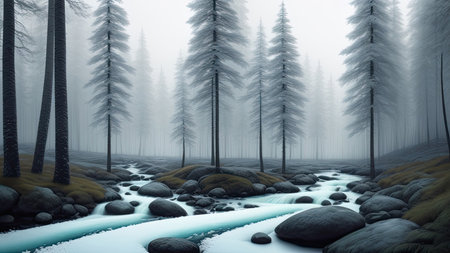 Beautiful winter landscape forest by the river, mountains in the backgroundの写真素材