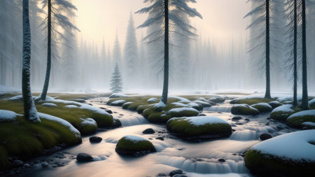 Beautiful winter landscape forest by the river, mountains in the backgroundの写真素材