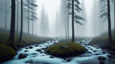 Beautiful winter landscape forest by the river, mountains in the background