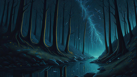 A painting of a forest with fireflies and stars in the sky above it and a stream of water. Illustration.の素材