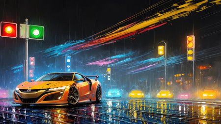 Beautiful sports car in the night city, in the style of the game Need for Speedの素材