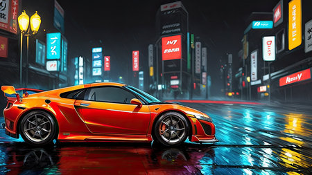 Beautiful sports car in the night city, in the style of the game Need for Speedの素材