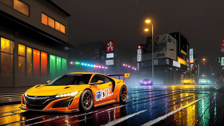 Beautiful sports car in the night city, in the style of the game Need for Speedの素材