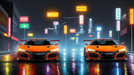Beautiful sports car in the night city, in the style of the game Need for Speedの素材