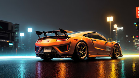 Beautiful sports car in the night city, in the style of the game Need for Speedの素材