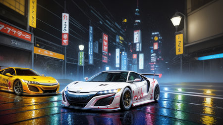 Beautiful sports car in the night city, in the style of the game Need for Speedの素材