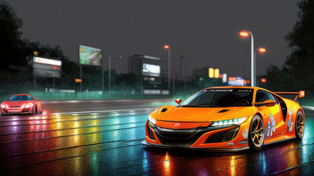 Beautiful sports car in the night city, in the style of the game Need for Speedの素材