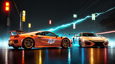 Beautiful sports car in the night city, in the style of the game Need for Speedの素材