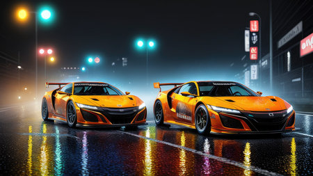 Beautiful sports car in the night city, in the style of the game Need for Speedの素材