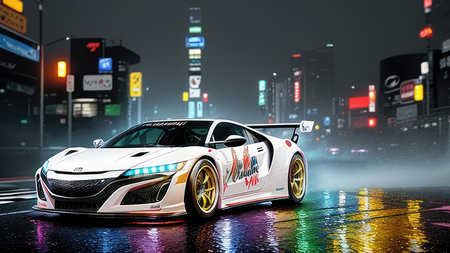 Beautiful sports car in the night city, in the style of the game Need for Speedの素材