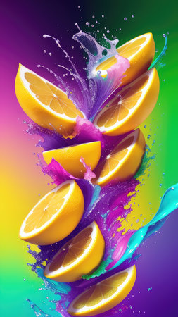 Abstract background, lemon in splashes of paint and juice. neon color. Flying Lemon slices. Illustration.の素材