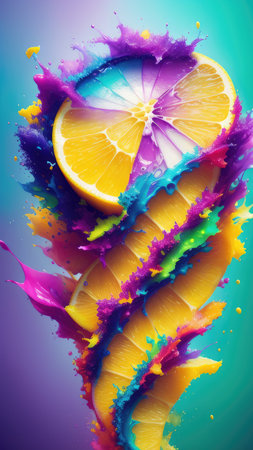 Abstract background, lemon in splashes of paint and juice. neon color. Flying Lemon slices. Illustration.の素材