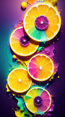 Abstract background, lemon in splashes of paint and juice. neon color. Flying Lemon slices. Illustration.の素材