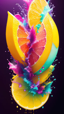 Abstract background, lemon in splashes of paint and juice. neon color. Flying Lemon slices. Illustration.の素材