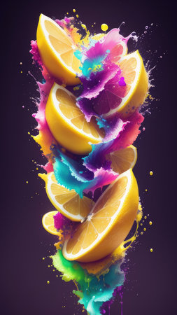 Abstract background, lemon in splashes of paint and juice. neon color. Flying Lemon slices. Illustration.の素材