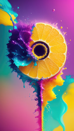 Abstract background, lemon in splashes of paint and juice. neon color. Flying Lemon slices. Illustration.の素材