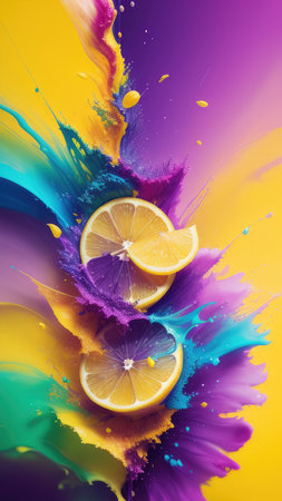 Abstract background, lemon in splashes of paint and juice. neon color. Flying Lemon slices. Illustration.の素材