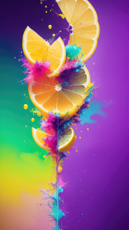 Abstract background, lemon in splashes of paint and juice. neon color. Flying Lemon slices. Illustration.の素材