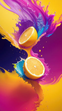 Abstract background, lemon in splashes of paint and juice. neon color. Flying Lemon slices. Illustration.の素材