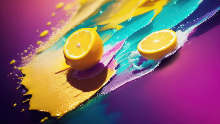 Abstract background, lemon in splashes of paint and juice. neon color. Flying Lemon slices. Illustration.の素材
