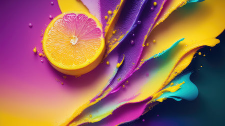 Abstract background, lemon in splashes of paint and juice. neon color. Flying Lemon slices. Illustration.の素材
