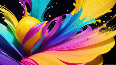 Abstract background, lemon in splashes of paint and juice. neon color. Flying Lemon slices. Illustration.の素材