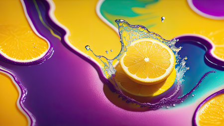 Abstract background, lemon in splashes of paint and juice. neon color. Flying Lemon slices. Illustration.の素材