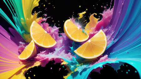 Abstract background, lemon in splashes of paint and juice. neon color. Flying Lemon slices. Illustration.の素材