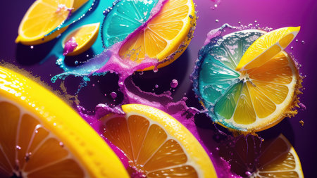 Abstract background, lemon in splashes of paint and juice. neon color. Flying Lemon slices. Illustration.の素材