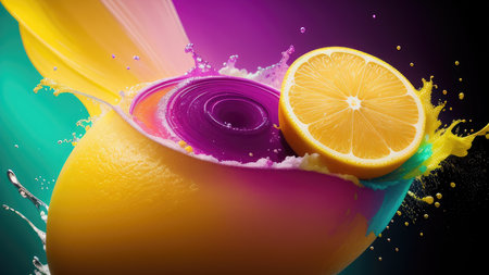 Abstract background, lemon in splashes of paint and juice. neon color. Flying Lemon slices. Illustration.の素材