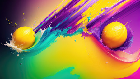 Abstract background, lemon in splashes of paint and juice. neon color. Flying Lemon slices. Illustration.の素材