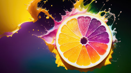 Abstract background, lemon in splashes of paint and juice. neon color. Flying Lemon slices. Illustration.の素材