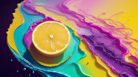 Abstract background, lemon in splashes of paint and juice. neon color. Flying Lemon slices. Illustration.