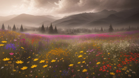 Flower meadow, landscape, illustrationの素材