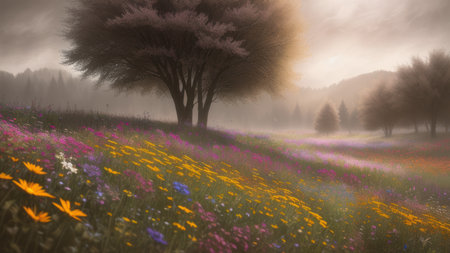 Flower meadow, landscape, illustrationの素材