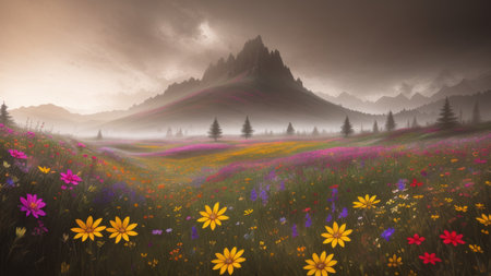 Flower meadow, landscape, illustrationの素材