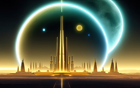 retrofuturism. Cities of the Future Far Away in Spaceの素材