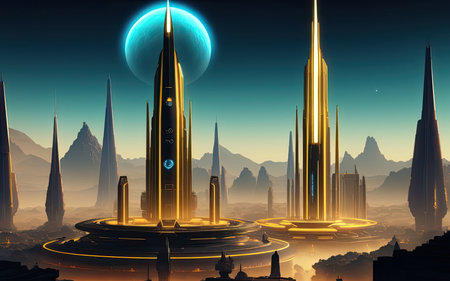 retrofuturism. Cities of the Future Far Away in Spaceの素材