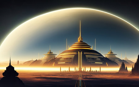 retrofuturism. Cities of the Future Far Away in Spaceの素材